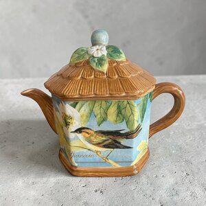 Vintage Bird Teapot with Cottage Roof Lid Floral Songbird Ceramic Cottagecore Pu